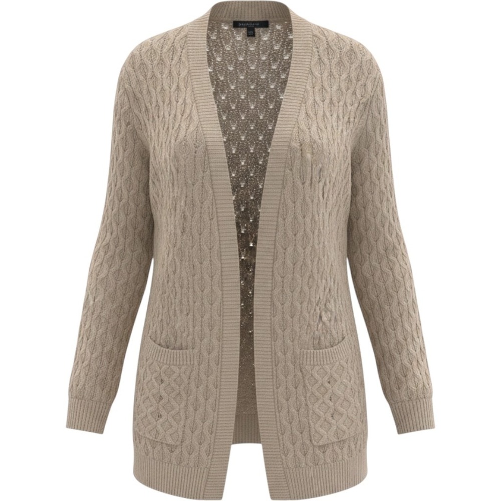 Neutral Taupe Beige Pointelle Cable Knit Open Front Cardigan Pockets US 12